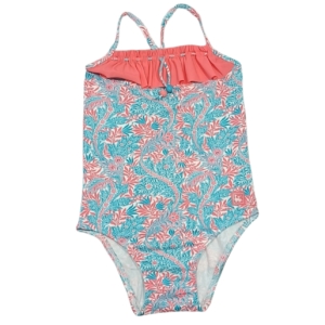 Bañador enterizo de niña modelo Tahití con estampado floral coral y turquesa, detalle de volante y tirantes finos, talla 3 años.