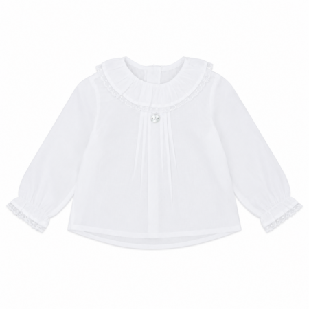 Blusa blanca 100% algodón para niña con cuello volante adornado con puntilla, manga larga con puños de encaje y pliegues delanteros, disponible de 1 a 3 años