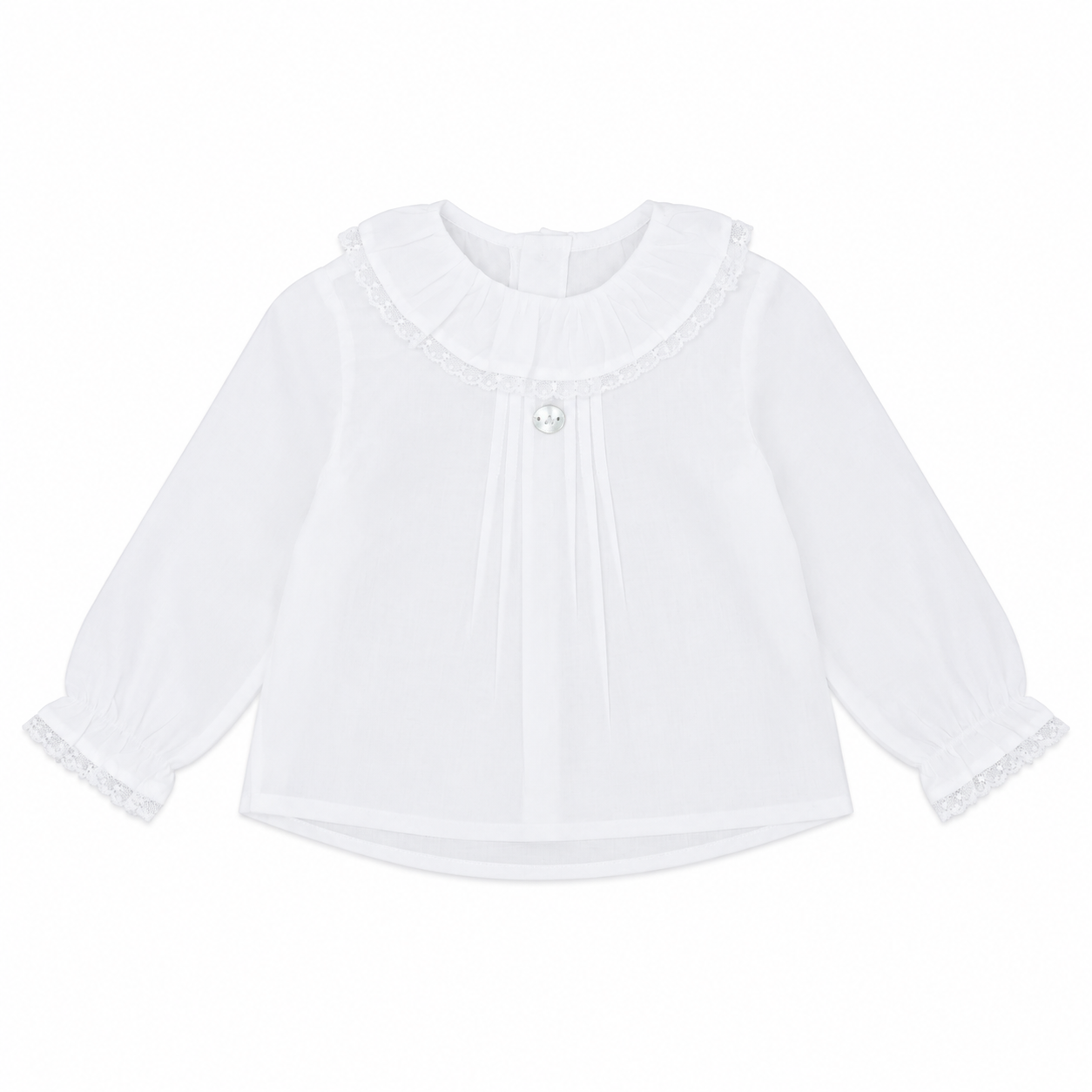 Blusa blanca 100% algodón para niña con cuello volante adornado con puntilla, manga larga con puños de encaje y pliegues delanteros, disponible de 1 a 3 años