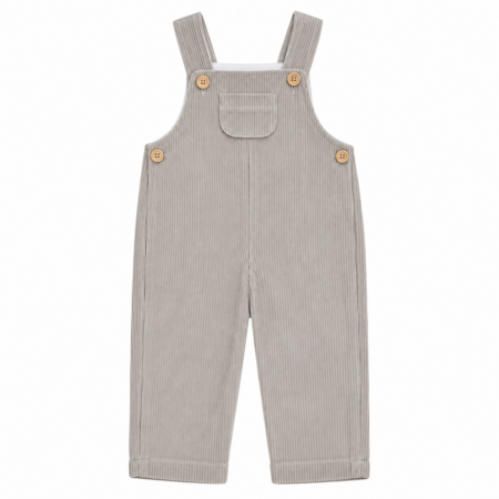 Vista frontal completa del peto de pana beige para niños y niñas, confeccionado con tejido elástico y tirantes ajustables con botones de madera, producto elaborado en España.
