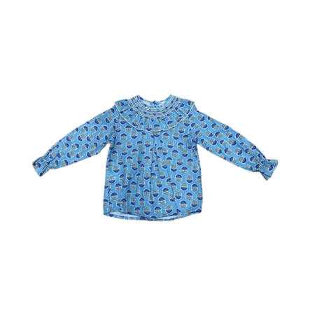 Blusa Hortensia infantil de manga larga con estampado floral azul. Hecha en España. Tallas de 4 a 8 años