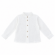 Vista frontal completa de la camisa de bambula de algodón orgánico en color blanco para niño de 2 a 8 años, con cuello mao, manga larga y botones de madera.