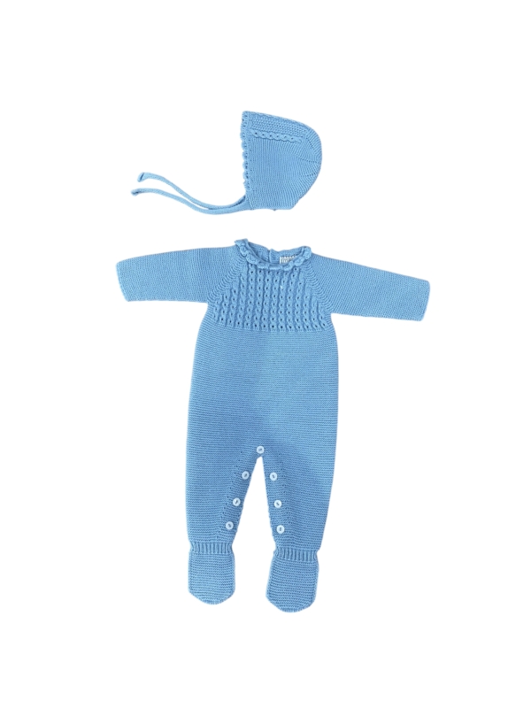 Conjunto pelele Florencia azul para bebé de punto con gorro a juego. Hecho en España. Tallas de 0 a 6 meses