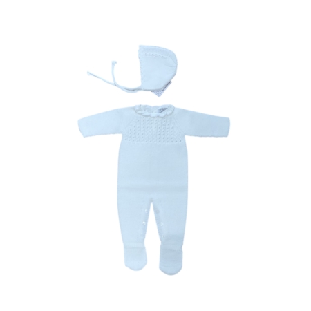 Conjunto pelele Florencia blanco para bebé de punto con detalle calado y gorro a juego. Hecho en España. Tallas de 0 a 6 meses