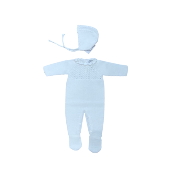 Conjunto pelele Florencia blanco para bebé de punto con detalle calado y gorro a juego. Hecho en España. Tallas de 0 a 6 meses