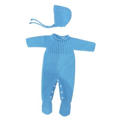 Conjunto pelele Florencia verde para bebé con gorro a juego. De punto acrílico suave. Hecho en España. Tallas de 0 a 6 meses