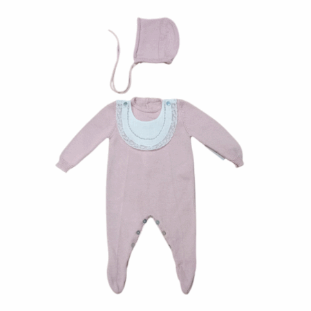 Conjunto Hugo rosa con capota y babero artesanal desmontable, hecho en España en taller pequeño, tallas 0 a 6 meses