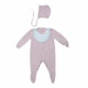 Conjunto Hugo rosa con capota y babero artesanal desmontable, hecho en España en taller pequeño, tallas 0 a 6 meses
