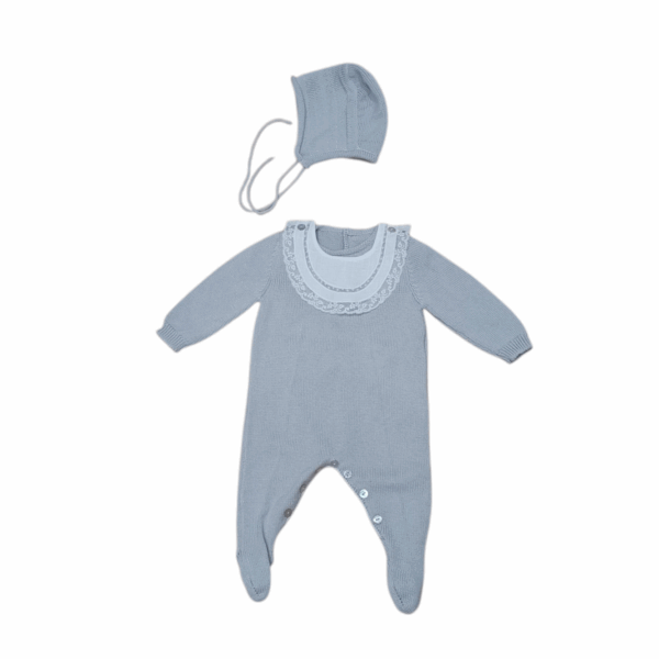 Conjunto Hugo de punto gris para bebé 0-3 meses con pelele, capota y babero artesanal de algodón