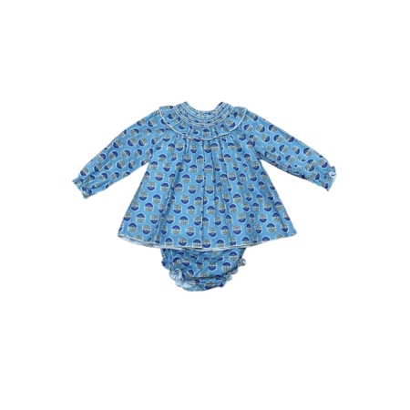 Jesusito Hortensia infantil de manga larga con estampado floral azul y braguita a juego. Hecho en España. Tallas de 18 meses a 3 años