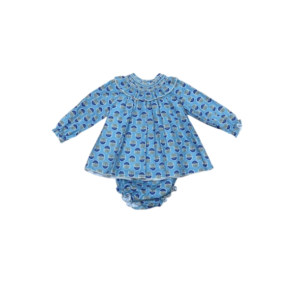 Jesusito Hortensia infantil de manga larga con estampado floral azul y braguita a juego. Hecho en España. Tallas de 18 meses a 3 años