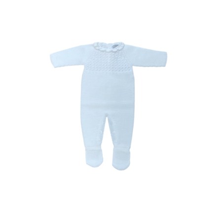 pelele Florencia blanco, pelele recién nacido blanco, pelele punto bebé, ropa de punto infantil hecha en España, colección Florencia, pelele elegante bautizo, pelele 1 a 3 meses