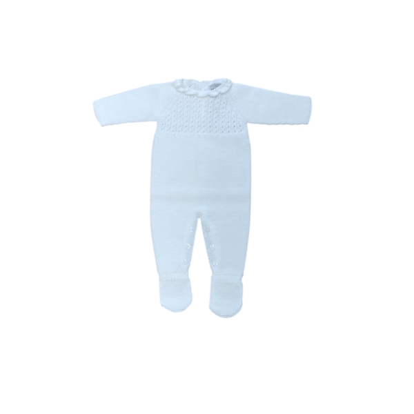 pelele Florencia blanco, pelele recién nacido blanco, pelele punto bebé, ropa de punto infantil hecha en España, colección Florencia, pelele elegante bautizo, pelele 1 a 3 meses