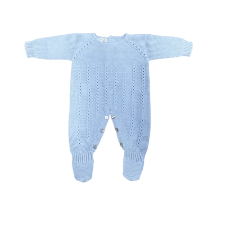 Pelele Sicilia azul grisáceo de punto con pompones. Hecho en España. Tallas 0 a 6 meses