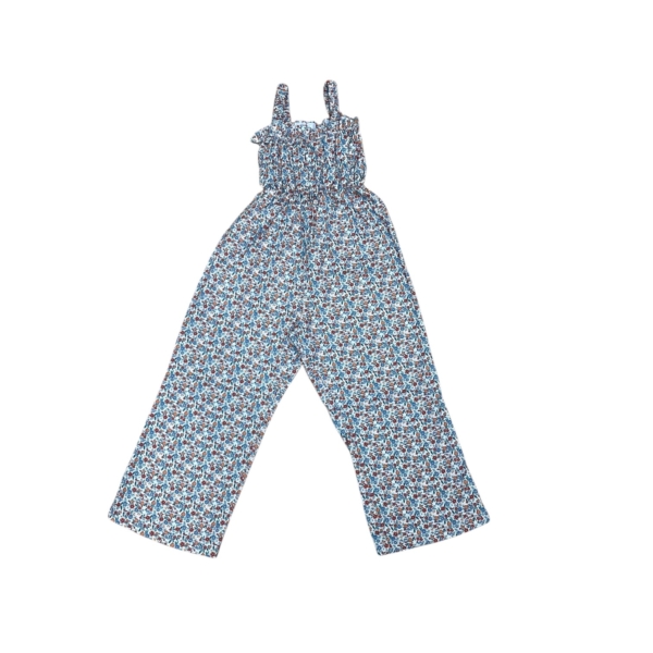 Peto castaño infantil de la colección invierno con tirantes y estampado floral en tonos azules y marrones. 100% algodón. Tallas de 6 a 10 años