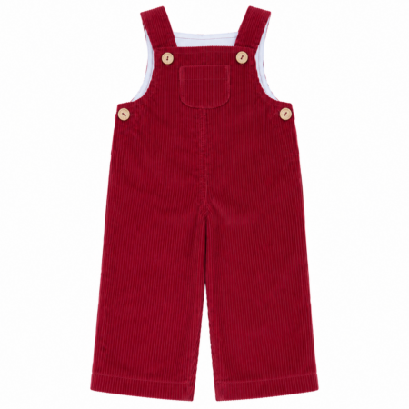 Vista frontal completa del peto de pana burdeos para niños y niñas, confeccionado con tejido elástico y tirantes ajustables con botones de madera, producto elaborado en España.