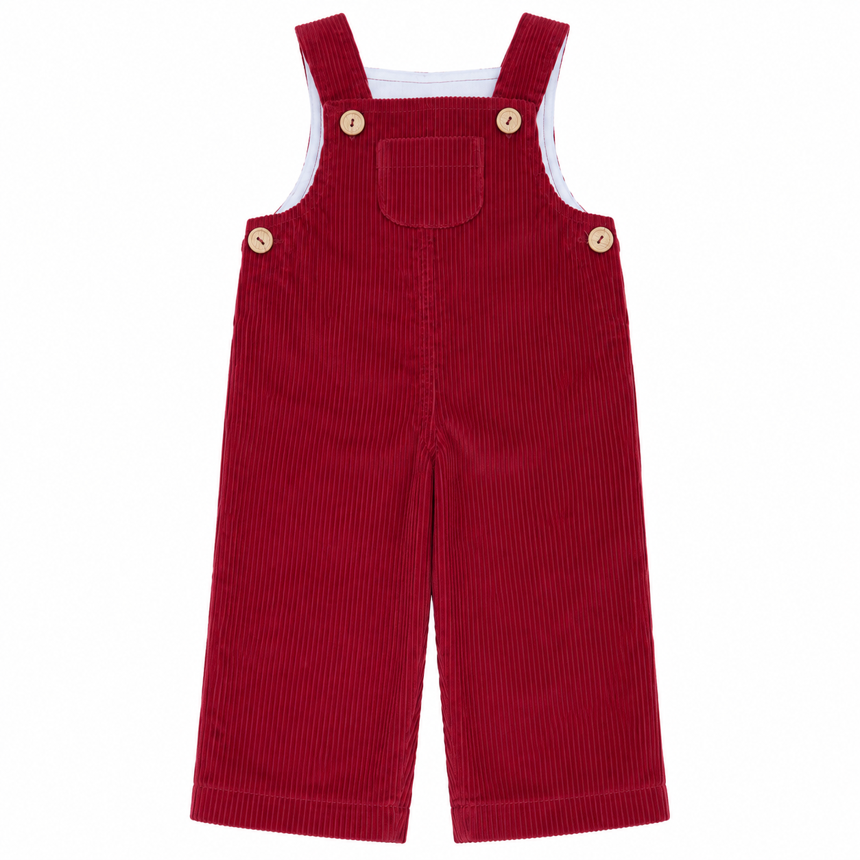 Vista frontal completa del peto de pana burdeos para niños y niñas, confeccionado con tejido elástico y tirantes ajustables con botones de madera, producto elaborado en España.