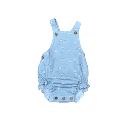 Rana Patos bebé en azul con botones de madera, tejido exterior 100% algodón y forro mixto. Moda española. Tallas de 0 meses a 1 año