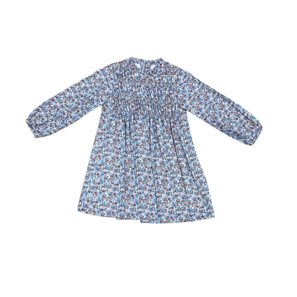 Vestido castaño infantil de la colección invierno con estampado floral y manga larga. Combina con el jesusito y el peto de la colección castaño. Tallas de 4 a 10 años