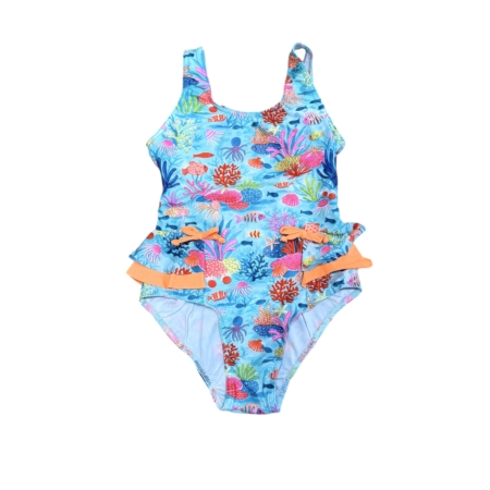Bañador niña Caribe con volante y detalle coral