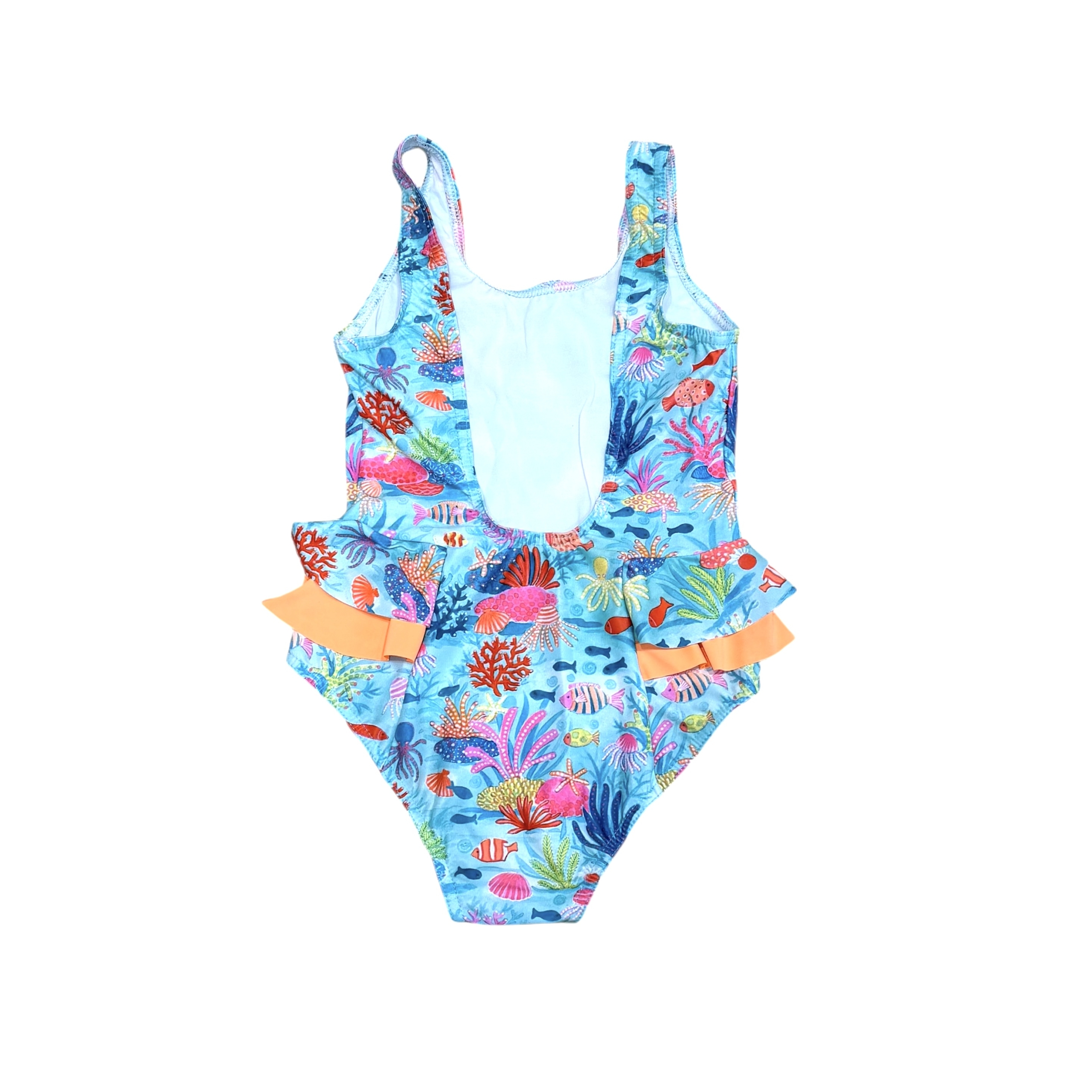 Bañador niña Caribe con volante y detalle coral