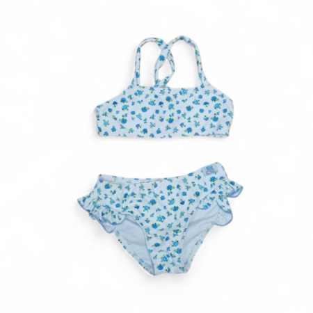 Bikini niña Teresa estampado flores azules en licra elástica, vista frontal