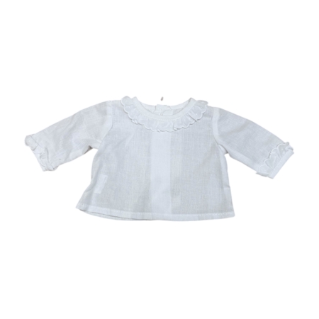 Blusa Baby para bebé de algodón 100 % en color blanco, con cuello y puños de tira bordada, prenda básica y atemporal, tallas 0 y 3 meses – Machú Moda Infantil.