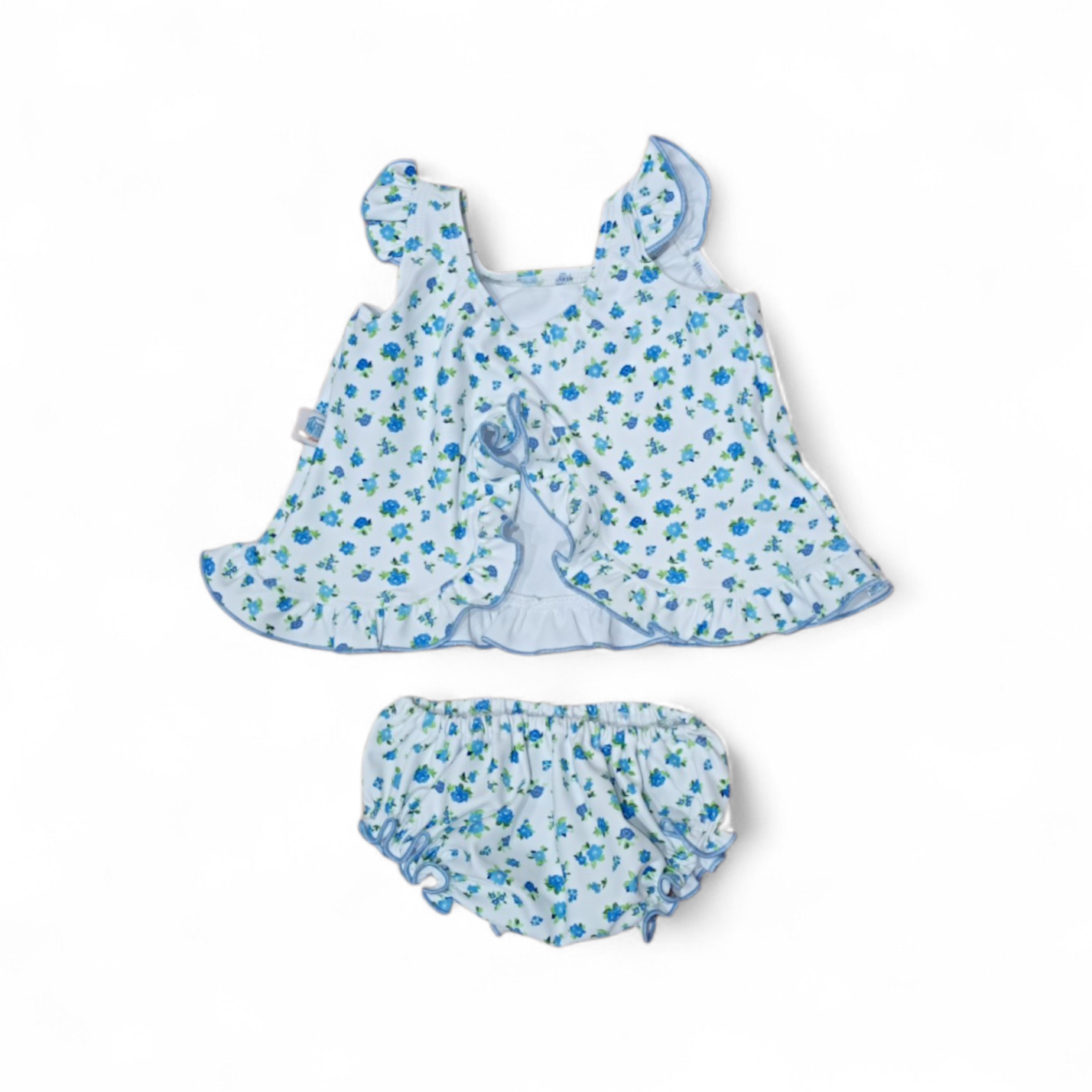 Conjunto baño bebé Teresa de licra con flores azules, camiseta y braguita