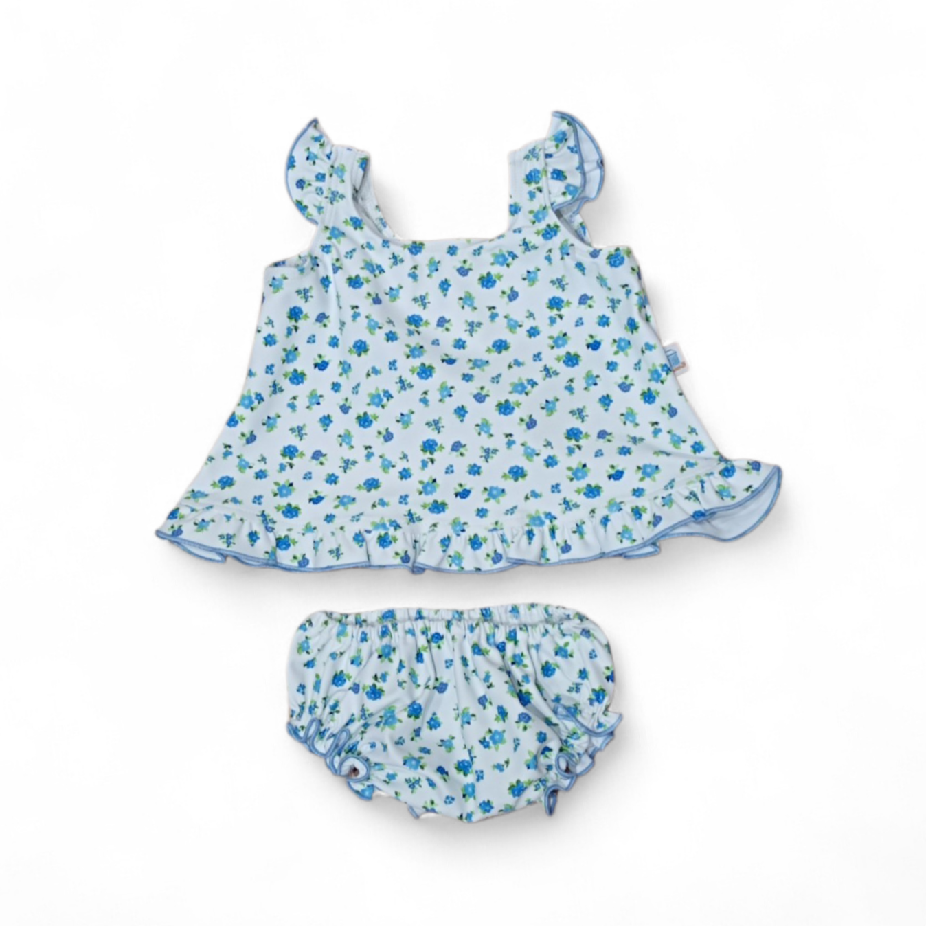 “Conjunto baño bebé Teresa de licra con flores azules, camiseta y braguita