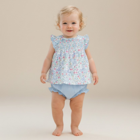 Bebé con Jesusito Elisabet de algodón con cubrepañal a rayas, look de verano para moda infantil.