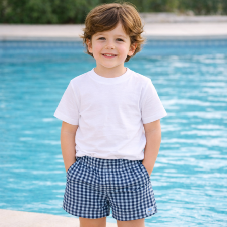 bóxer niño vichy azul marino, bañador niño clásico, bañador licra niño 4 a 8 años, conjunto baño hermanos, colección Sabina baño infantil, bañador niño elegante, moda baño infantil tradicional
