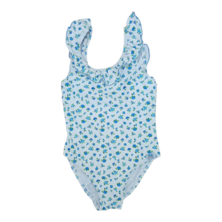Bañador de niña modelo Teresa con estampado floral azul y volantes en los hombros, para niñas de 3 a 6 años.