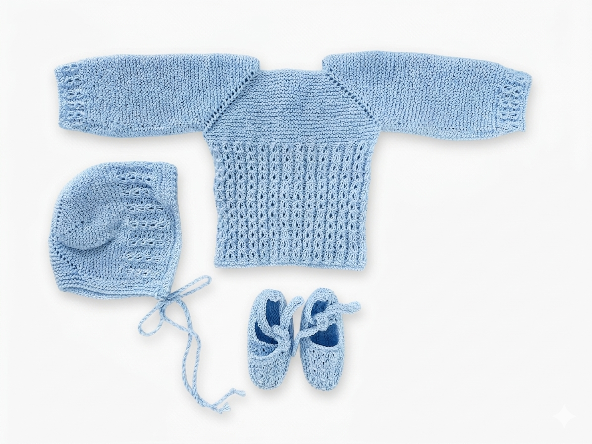 Conjunto de primera puesta para recién nacido hecho a mano en punto perlé azul clarito, compuesto por jersey calado, capota y patucos de algodón.