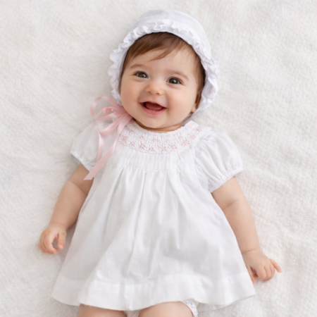 Bebé modelo con un conjunto artesanal Ana: un vestido de algodón y una capota a juego. El conjunto está hecho a mano y tiene tallas disponibles de 3 a 6 meses, ideal para ceremonias y eventos especiales. Bebé en un ambiente de ceremonias y eventos especiales, con un conjunto de algodón hecho a mano.