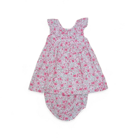 Jesusito de niña modelo Amapola con estampado floral rojo y lazo, incluye cubrepañal a juego, talla 2 años.