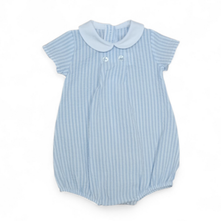 Pelele de bebé de rayas azules con cuello blanco, fabricado en algodón orgánico, para bebés de 1 a 3 meses.