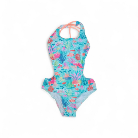 Trikini para niña preadolescente modelo Caribe con estampado de corales y peces en azul turquesa y coral, espalda con tirantes cruzados, tallas 12-14 años.
