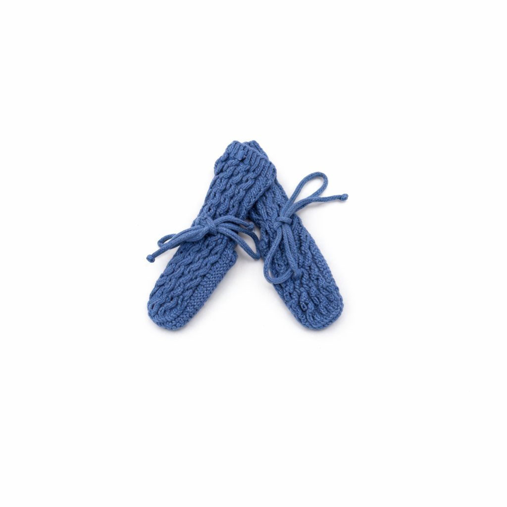 Botas de punto para bebé en color azul azafata con patrón de ochos, marca Machu, hechas a mano en España con 100% algodón y lazo de ajuste