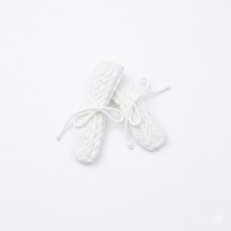 Botas de punto para bebé en color blanco con patrón de ochos, marca Machú, hechas a mano en España con 100% algodón y lazo de ajuste