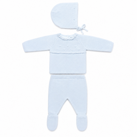 Conjunto Born de tres piezas para bebé en color blanco, incluye jersey de manga larga con bodoques, polaina y capota, hecho a mano en España con 100% algodón premium