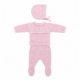 Conjunto Born de tres piezas para bebé en color nude, incluye jersey de manga larga con bodoques, polaina y capota, hecho a mano en España con 100% algodón por Machú