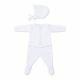Conjunto de primera puesta para bebé en color blanco, incluye jersey calado, polaina y capota, marca Machú, hecho a mano en España con 100% algodón