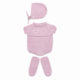 Conjunto Machú Bodoques de tres piezas en color nude: ranita de manga corta con bodoques, capota y patucos, hecho a mano en España con 100% algodón premium