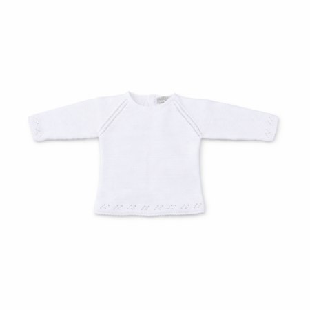 Jersey de punto para bebé en color blanco de manga larga, marca Machú, hecho a mano en España con 100% algodón y detalles calados en las sisas