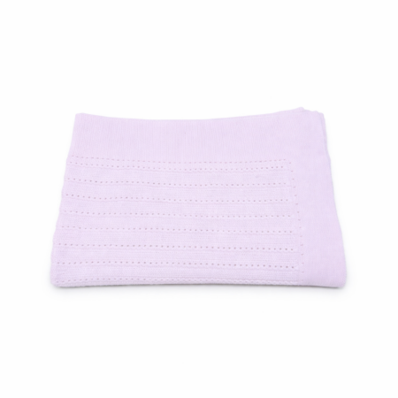 Manta de punto para bebé en color rosa con diseño de ochos, marca Machú, hecha a mano en España con 100% algodón premium
