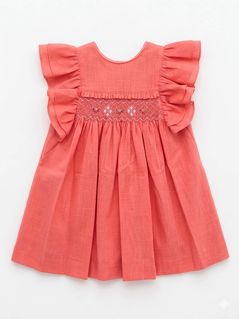 Vestido coral para niña de la marca Machu, hecho a mano en España, con panel central de nido de abeja bordado a mano, mangas de volante y confeccionado en 100% algodón.