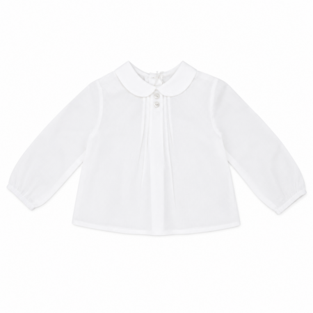 Blusa blanca 100% algodón para niña con cuello bebé redondo, manga larga, pliegues delanteros y cierre trasero. Disponible en tallas de 1 a 3 años