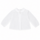 Blusa blanca 100% algodón para niña con cuello bebé redondo, manga larga, pliegues delanteros y cierre trasero. Disponible en tallas de 1 a 3 años