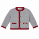 Chaqueta austriaca gris para niño de punto con ribetes burdeos, botones decorativos y bolsillos delanteros, confeccionada con 80% algodón y disponible de 1 a 3 años