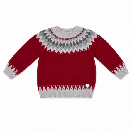Jersey de punto burdeos para niño con greca jacquard en tonos gris, blanco y burdeos, manga larga y confeccionado con 80% algodón. Disponible de 1 a 6 años